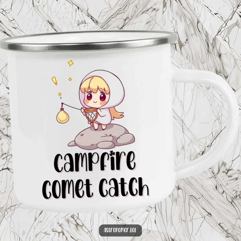 Funny camping mug showing a character catching a comet with a tiny net, perfect for enjoying beverages outdoors with a humorous, heroic vibe.
