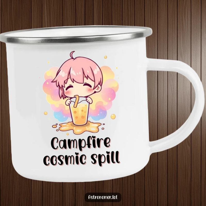Funny camping mug showcasing a spilled drink that has beautifully morphed into a nebulae pattern, perfect for cosmic outdoor trips.