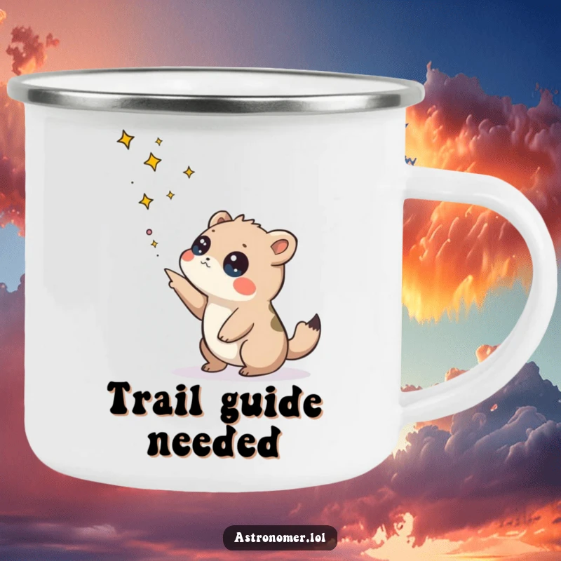 Funny camping mug featuring a curious creature looking at a starry sky, perfect for outdoor enthusiasts and humor lovers.