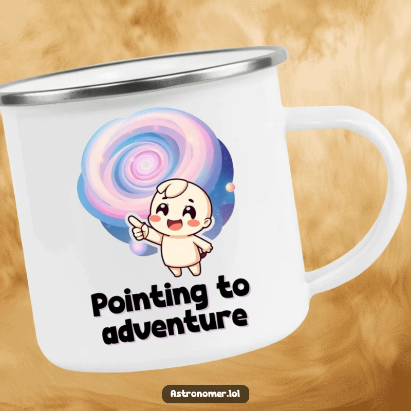 Funny camping mug with a character pointing excitedly at a swirling galaxy, ideal for outdoor cosmic enjoyment.