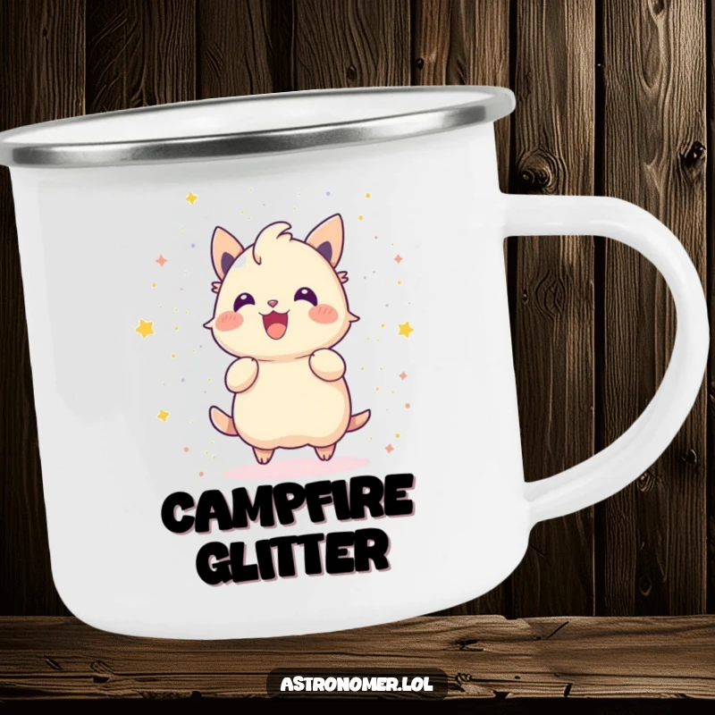 Funny camping mug showing a gleeful creature throwing stardust like confetti, ideal for outdoor celebrations.