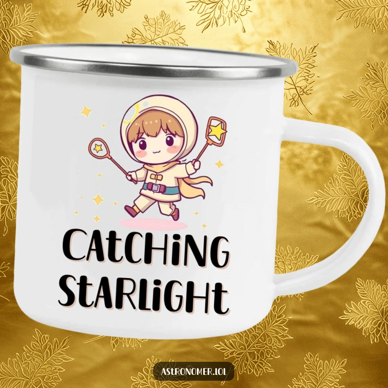 Funny Kawaii astronomer camping mug featuring a playful character chasing a shooting star with a net, perfect for humorous outdoor adventures.