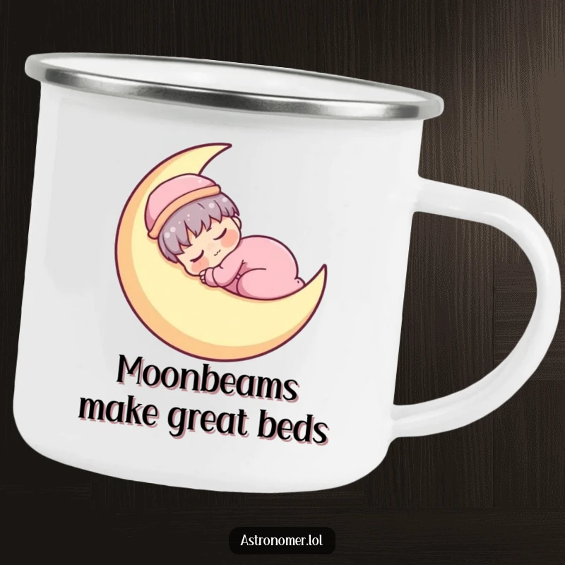 Funny Kawaii astronomer character humorously napping on a crescent moon, perfect for peaceful mornings on this camping mug.