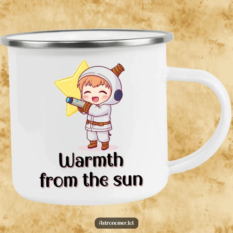 Funny Kawaii astronomer character humorously hugging a glowing, impossibly huge star on this camping mug.