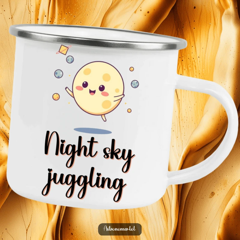 Funny camping mug showing a smiling moon character juggling asteroids, ready for campfire stories and laughs under the stars.