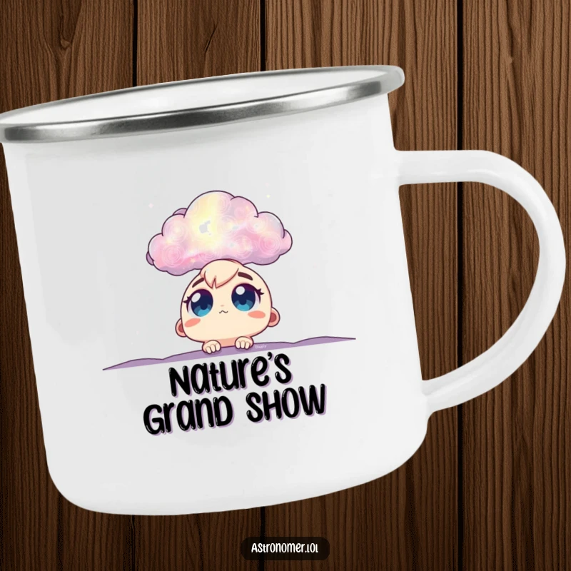 Funny nebula explorer camping mug with big eyes looking at a cloud, a durable and humorous gift for outdoor stargazers.