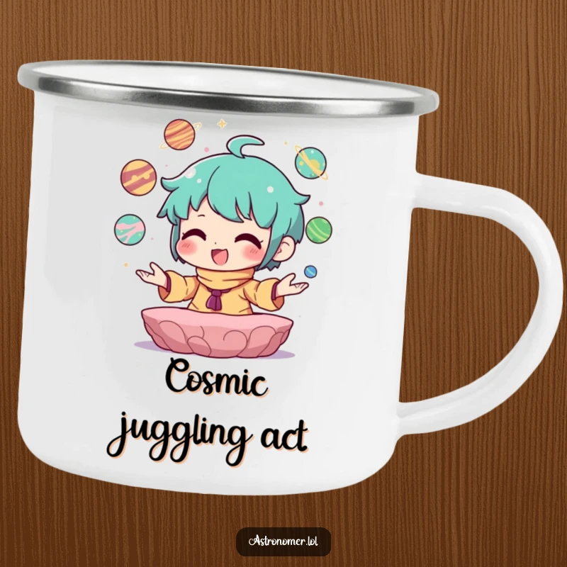 Funny Camping Mug of a character joyfully juggling miniature planets, perfect for outdoor fun and cosmic vibes.