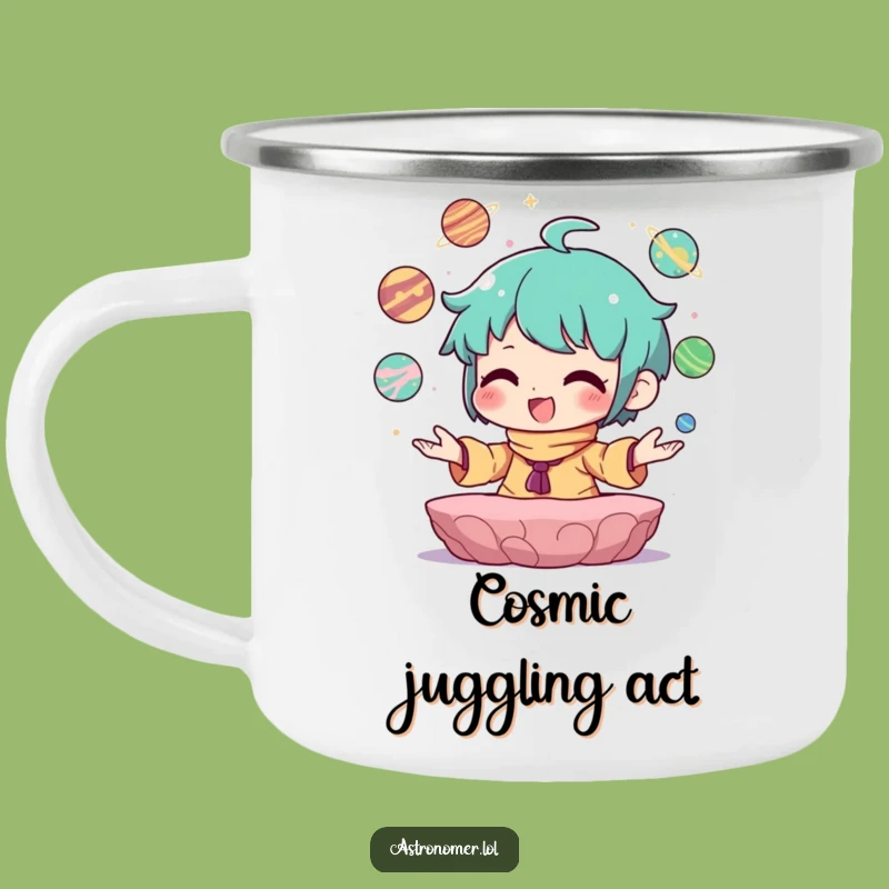 Funny Planet Juggler Camping Mug: Joyful Character, Cosmic Adventure Gift