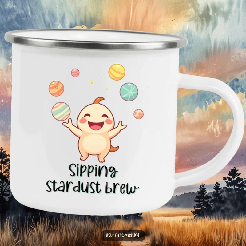 Funny camping mug with a depiction of a happy creature juggling planets, perfect for enjoying drinks outdoors with a humorous twist.