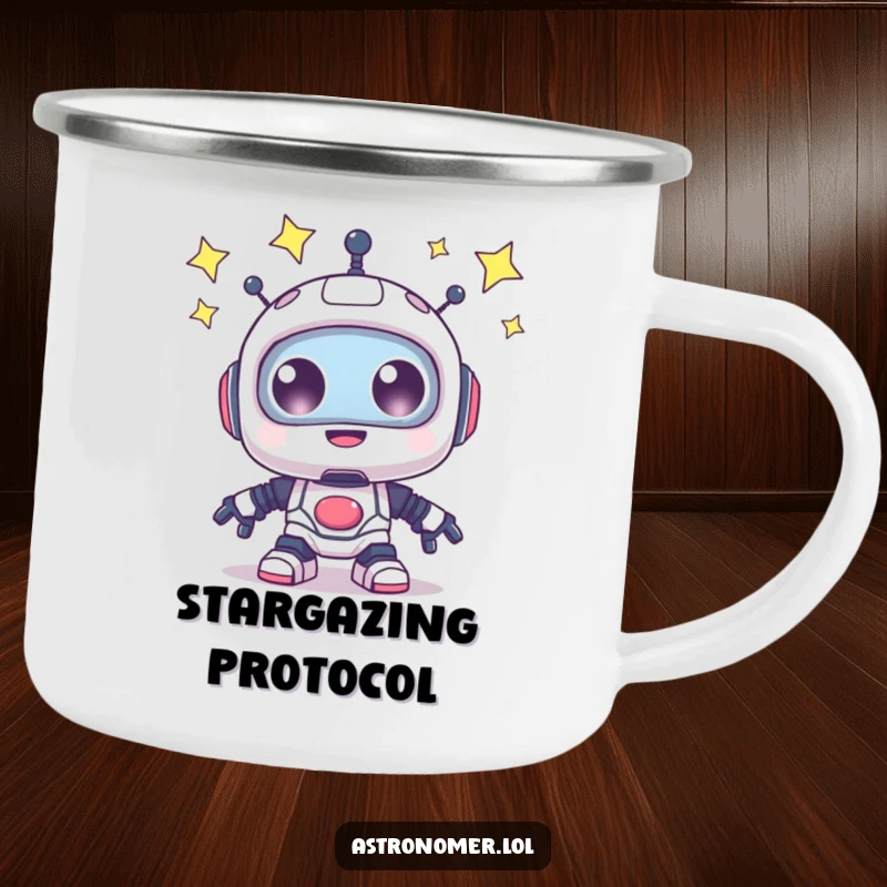 Funny Camping Mug: A happy robot gazes at stars, durable for all your outdoor beverage needs.