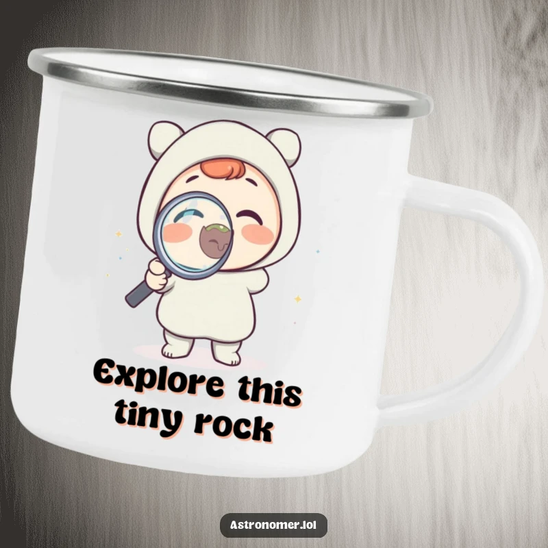 Funny camping mug with a delighted character holding a magnifying glass to a tiny planet, perfect for outdoor adventures and humor.