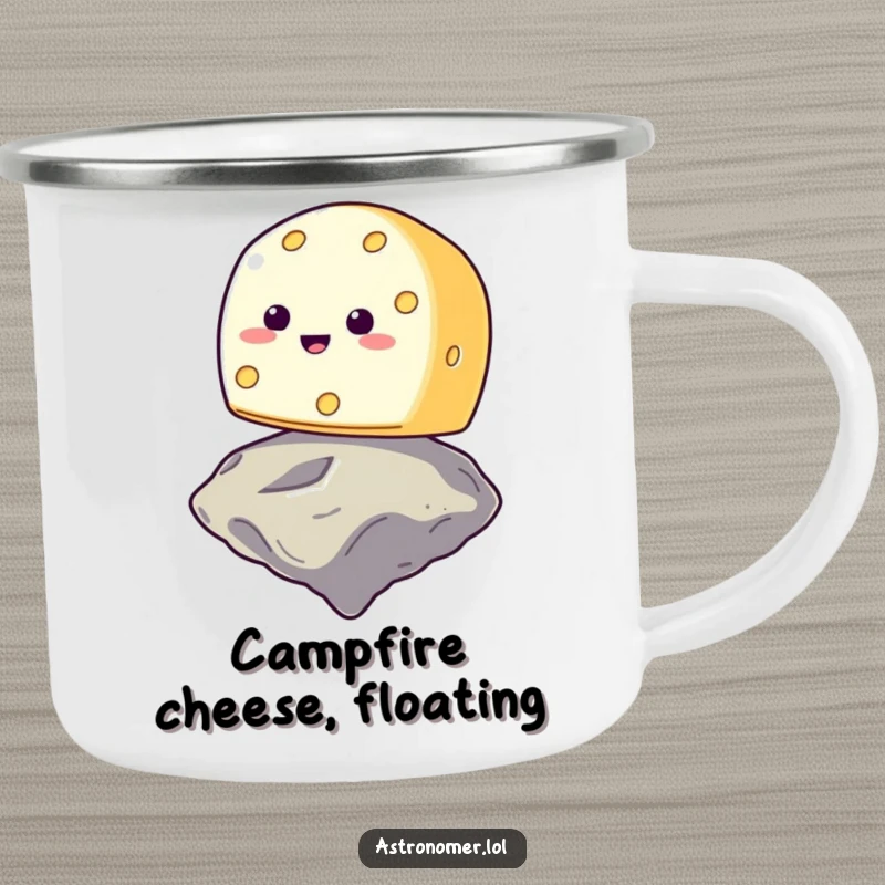 Funny smiling cheese wheel trying to balance on a floating asteroid, sturdy and amusing space camping mug, outdoor gag gift.