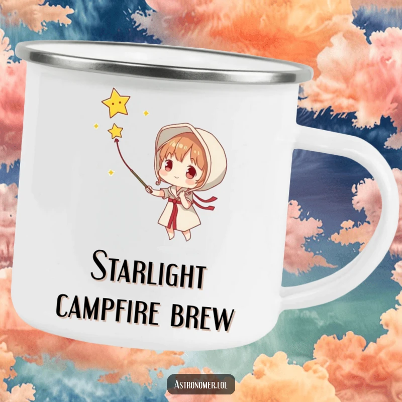 Funny camping mug of a character attempting to catch a falling star with a net, bringing hopeful cheer to outdoor adventures.