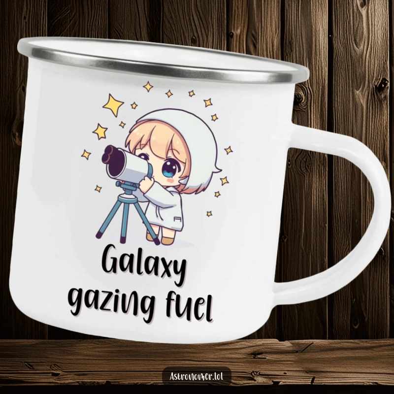 Funny camping mug featuring a character stargazing with a telescope, stars and moon above, for outdoor cosmic enjoyment.