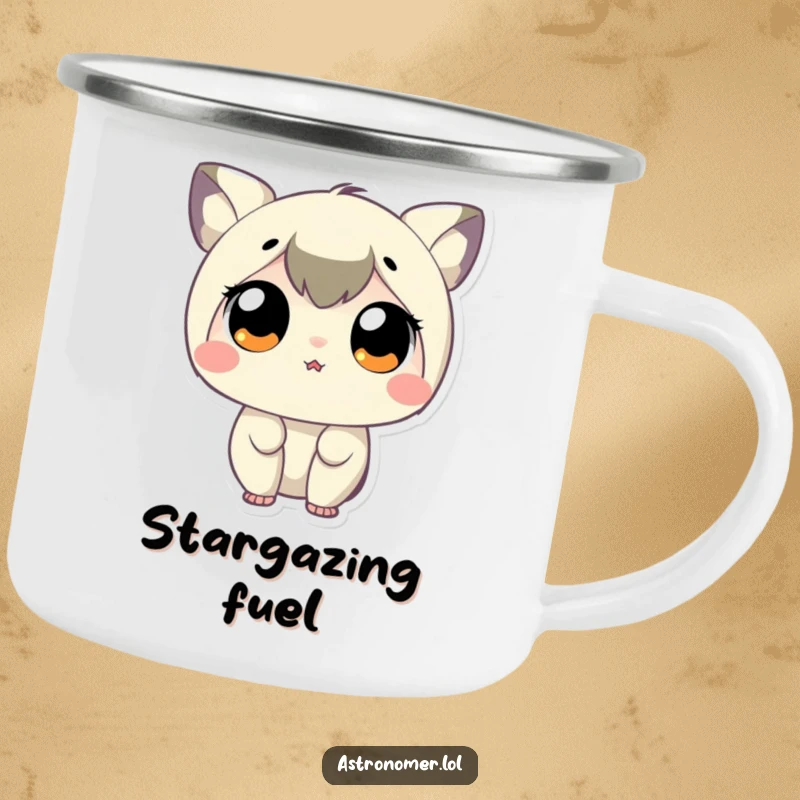 Funny Camping Mug showing a tiny character with large, amazed eyes stargazing, perfect for outdoor adventures.