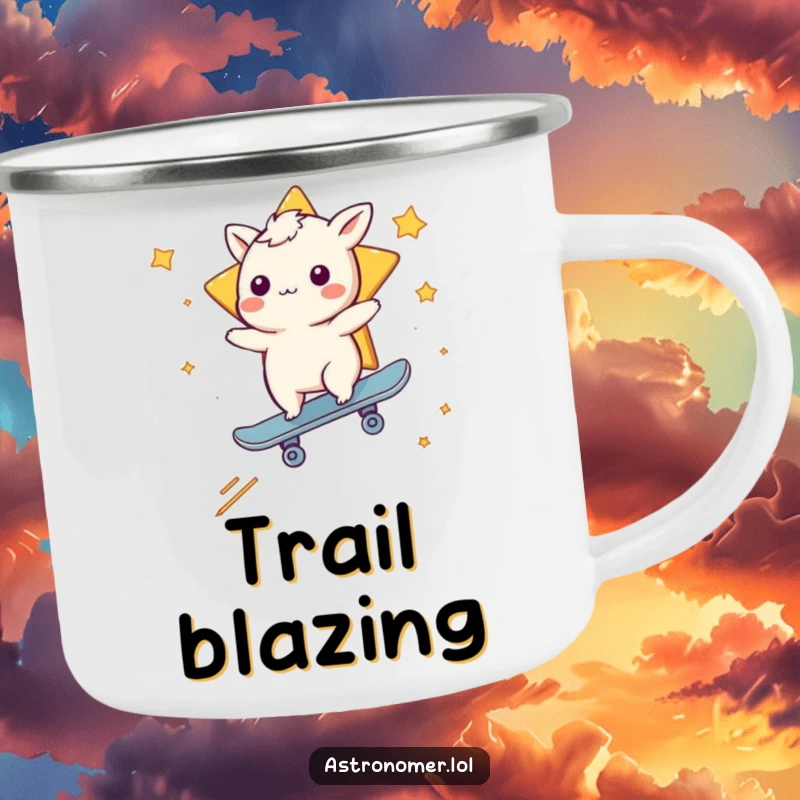 Funny camping mug showing a whimsical creature skateboarding on a shooting star, ideal for outdoor enthusiasts.