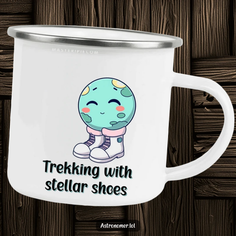 Funny winking planet trying to wear oversized moon boots, sturdy and amusing camping mug, outdoor gag gift.