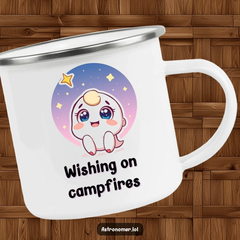 Funny camping mug with a joyful character wide-eyed, smiling at a shooting star, ideal for enjoying the outdoors and dreaming big.