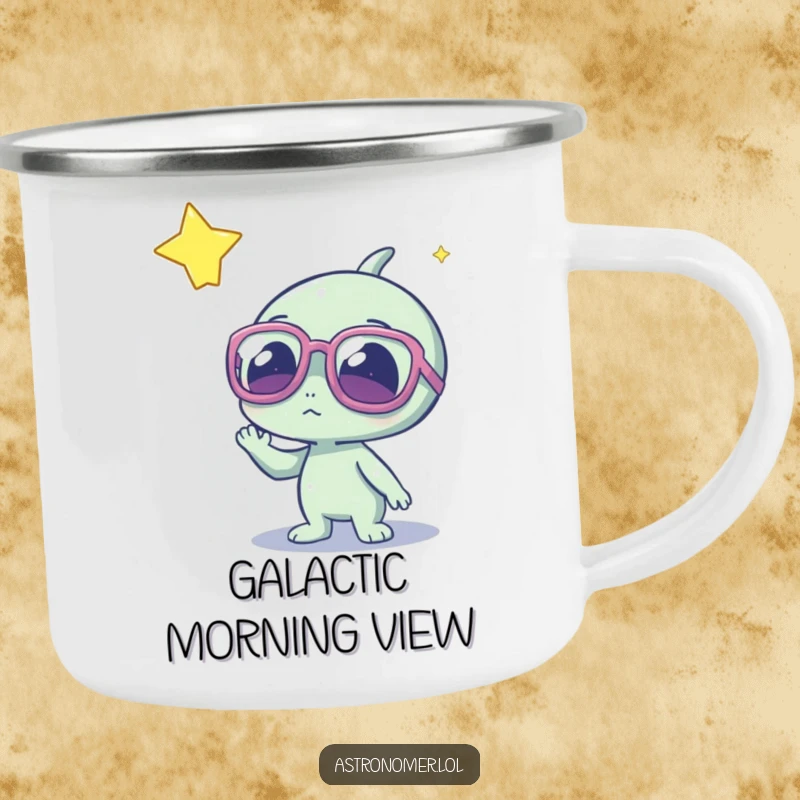 Funny alien in oversized glasses, gazing at a glowing star, rugged enamel camping mug for outdoor enthusiasts.