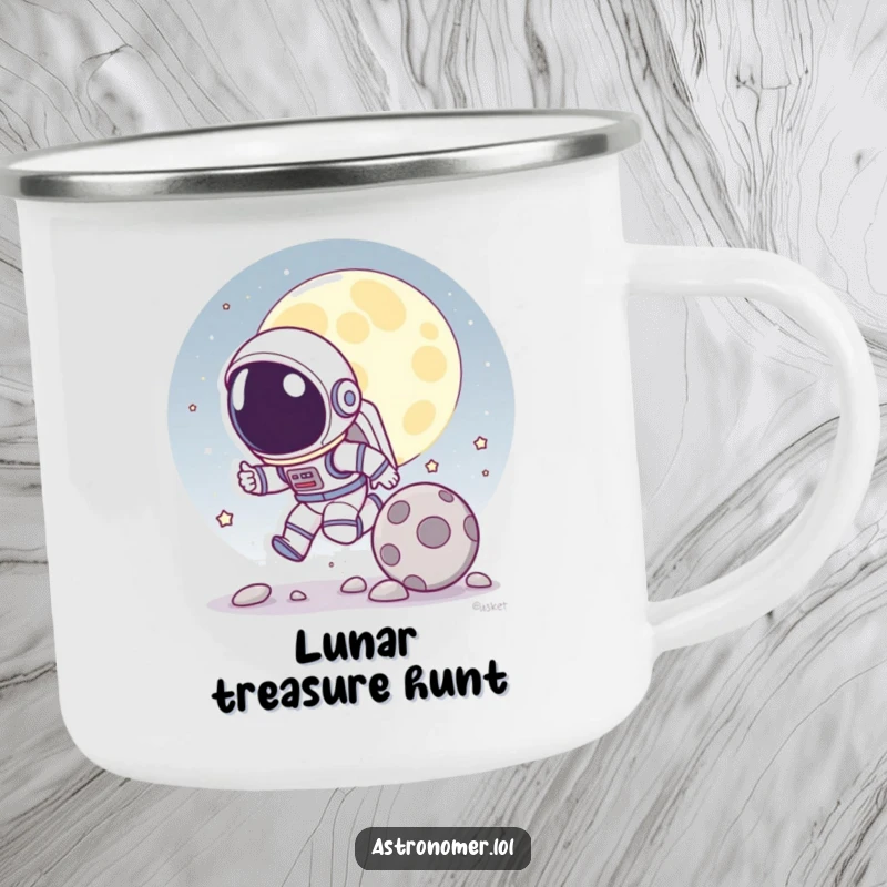 Funny camping mug featuring a cartoon astronaut playfully chasing a rolling moon rock, rugged and humorous for outdoor use.