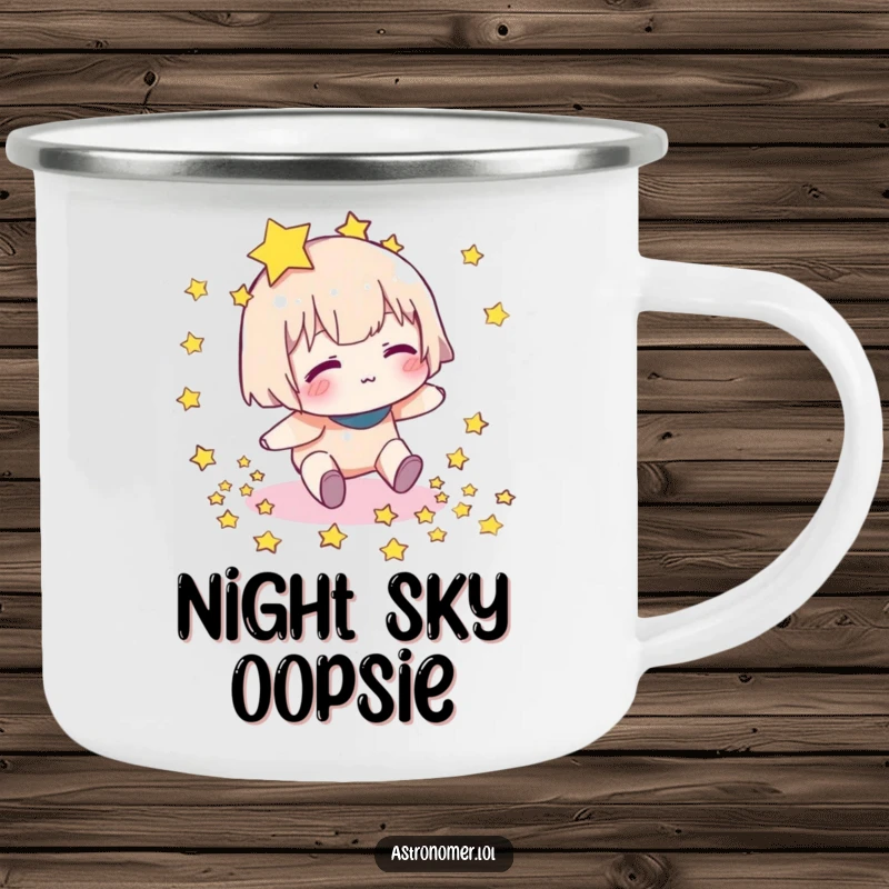 Funny camping mug showing a character dropping stars, ideal for enjoying beverages outdoors with a touch of celestial humor.