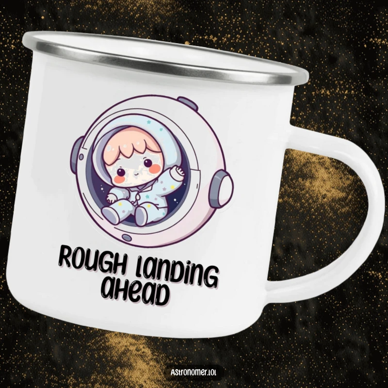 Funny pajama explorer camping mug with character tumbling from spaceship, a durable and humorous gift for outdoor enthusiasts.