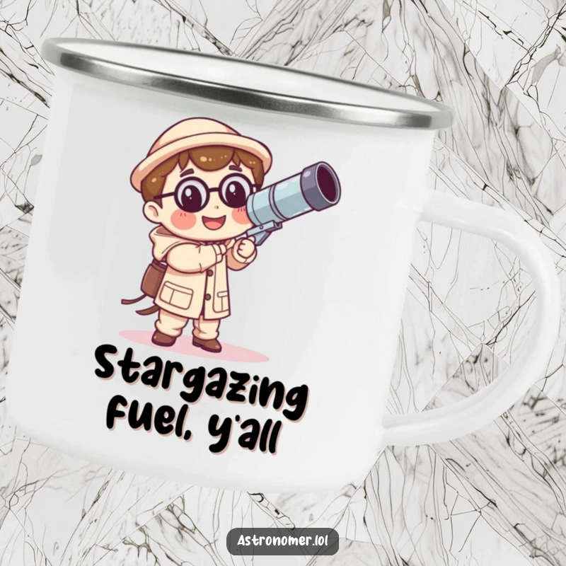 Funny Kawaii astronomer camping mug featuring a smiling character with a giant, wobbly telescope, perfect for humorous outdoor excursions.