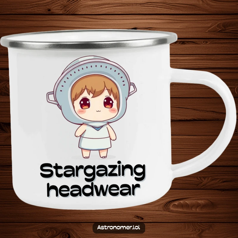 Funny camping mug showing a character wearing a colander as a helmet and looking at the sky, perfect for outdoor contemplation.