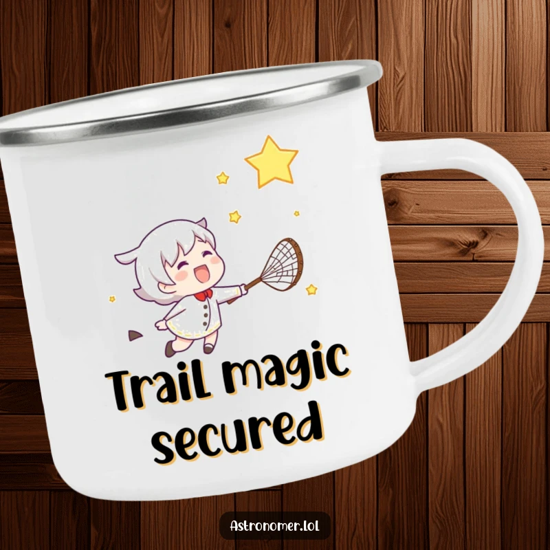 Funny camping mug showing a gleeful character joyfully chasing a shooting star with a net, designed for outdoor enthusiasts.