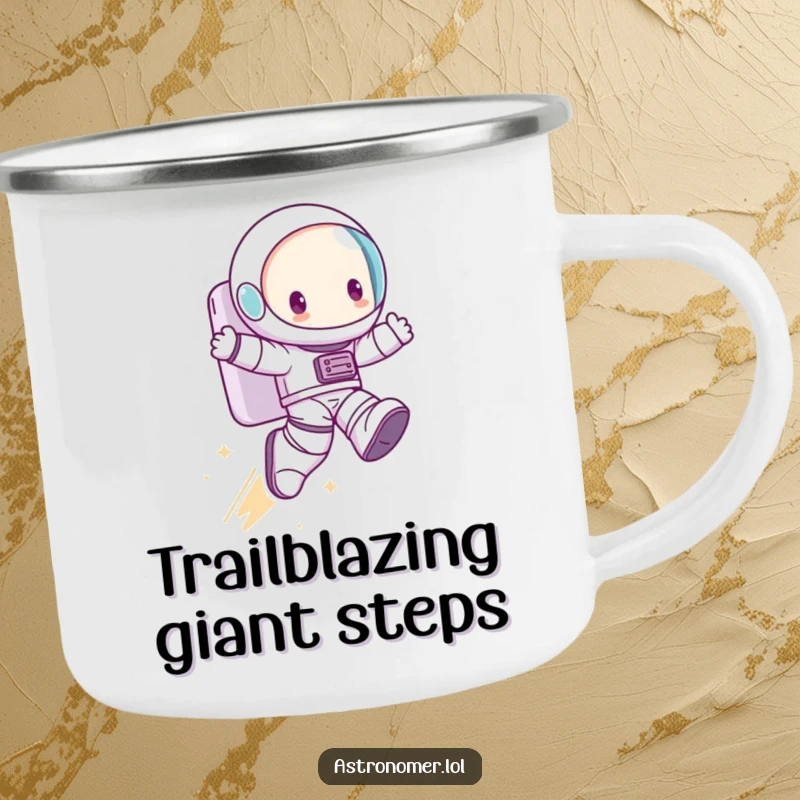 Funny Camping Mug: A cute character wearing oversized boots takes a comically giant leap, ready for outdoor exploration.