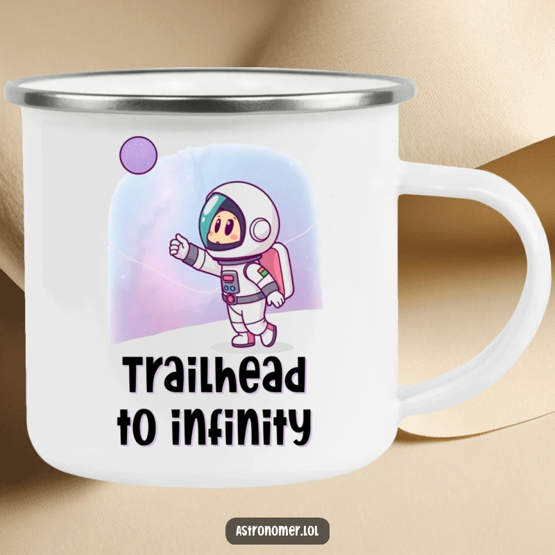 Funny camping mug featuring a cartoon astronaut excitedly pointing towards a distant galaxy, durable and humorous for outdoor use.