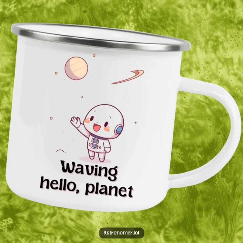 Funny Camping Mug of a character waving enthusiastically at a distant planet, perfect for outdoor adventurers.