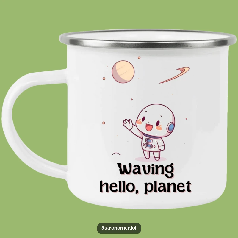 Funny Space Traveler Camping Mug: Character Waves at Planet, Adventure Ready Gift