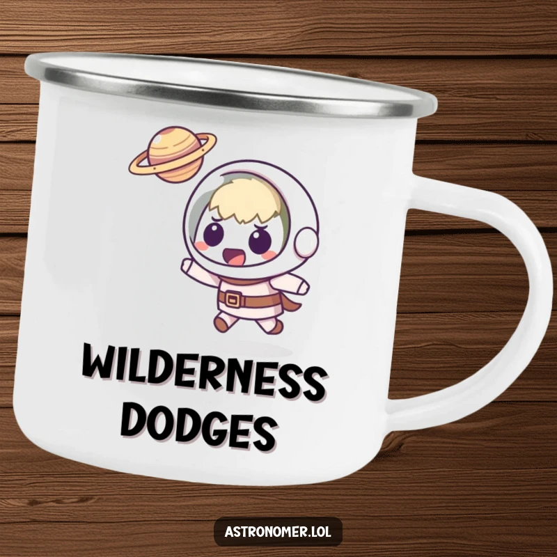 Funny Kawaii astronomer camping mug featuring a startled character dodging a small, flying planet, perfect for humorous outdoor adventures.