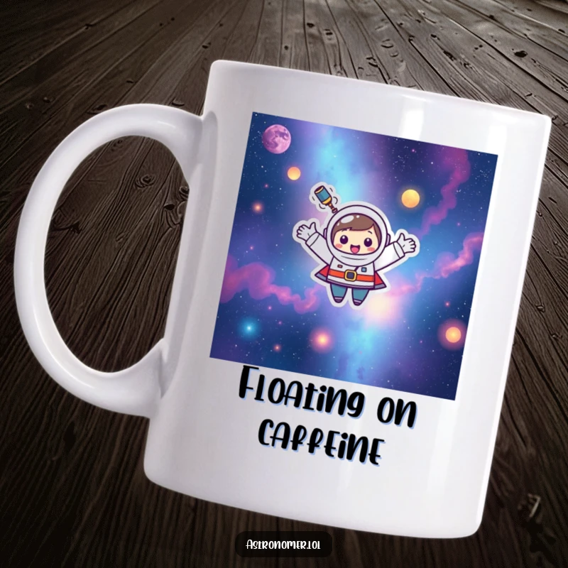 Funny Kawaii astronomer character happily floating among colorful nebulae with arms wide open, showing pure joy on this mug.