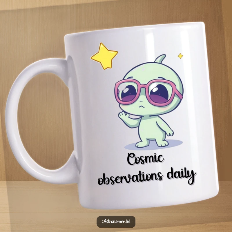 Funny alien wearing big glasses, looking curiously at a glowing star, perfect for space fans and unique gift seekers.