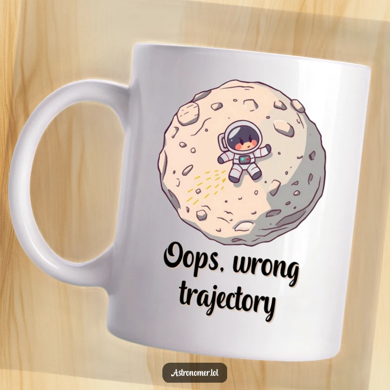 Funny mug showing a cartoon astronaut in a spaceship comically crashing into a large asteroid, illustrating a humorous space disaster.