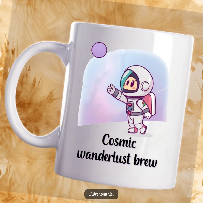 Funny mug showing a cartoon astronaut excitedly pointing at a distant, beautiful galaxy, celebrating discovery and imagination.