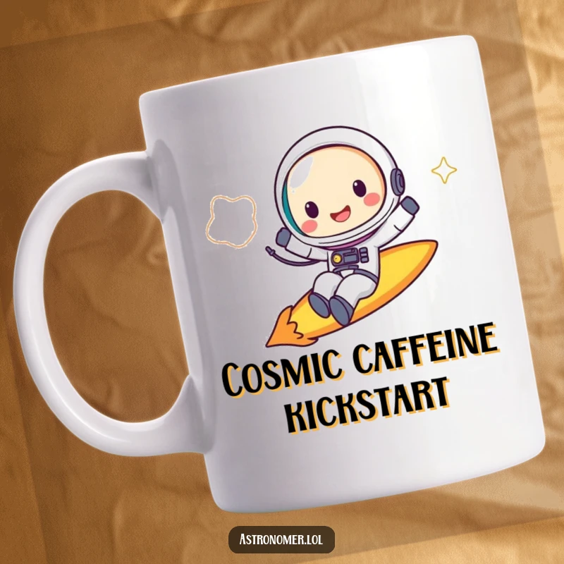 Funny Mug featuring a joyful astronaut with a cheerful grin, joyfully riding a vibrant comet through the starry galaxy.