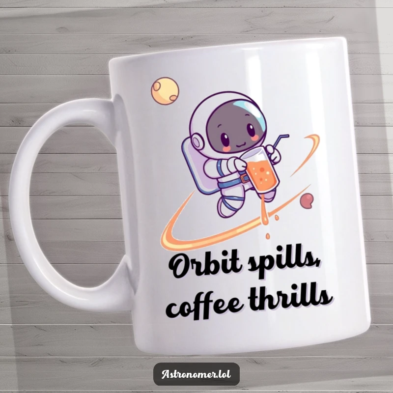 Funny Astronaut Mug: A clumsy cartoon astronaut accidentally spilling a drink while floating weightlessly orbiting a colorful planet.