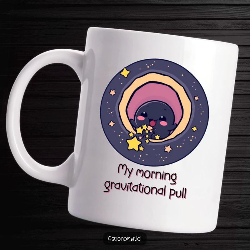 Funny cheerful black hole character playfully slurping up small stars, humorous space mug for astronomy fans.