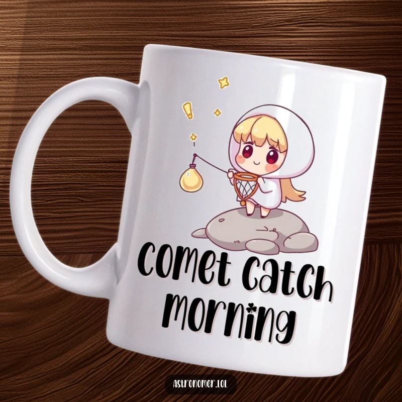 Funny mug showing a surprise character using a tiny net to catch a falling comet, highlighting an unexpected heroic act.