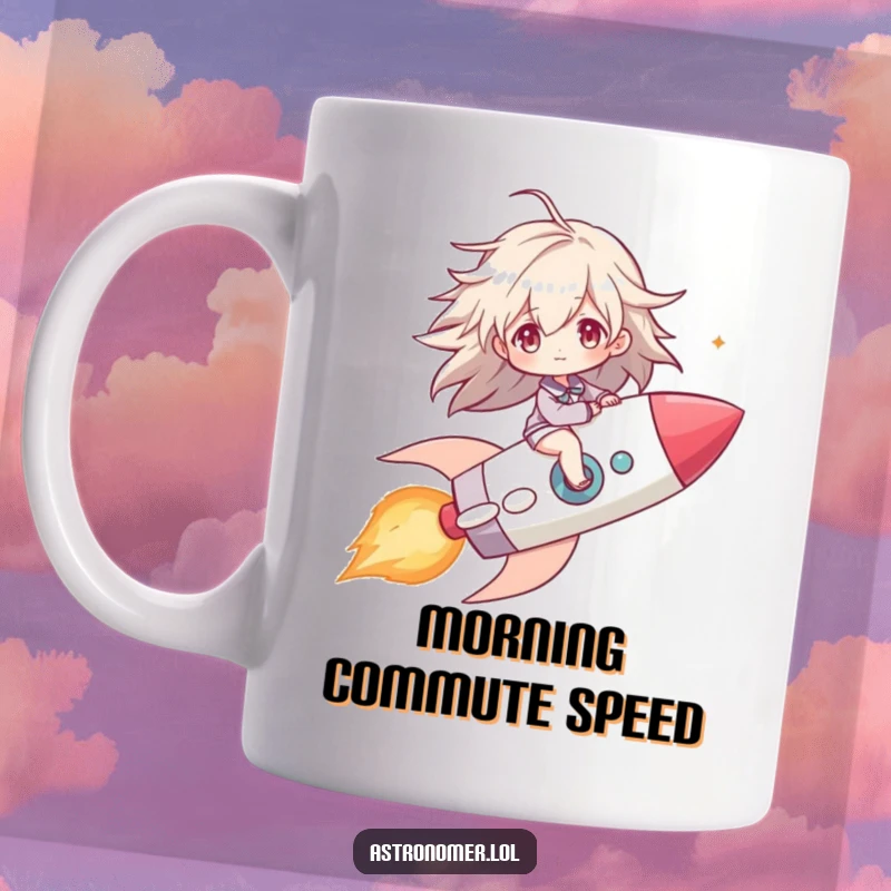 Funny mug featuring a character joyfully riding a comet like a rocket, with windblown hair, soaring through the vastness of space.