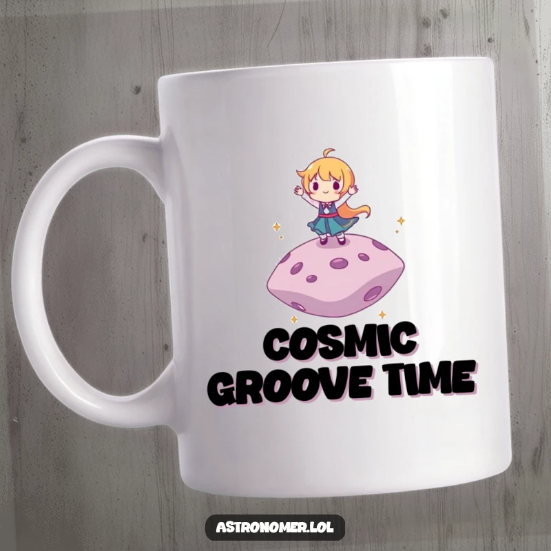 Funny mug showing a happy character dancing exuberantly on a floating asteroid against a starry backdrop.