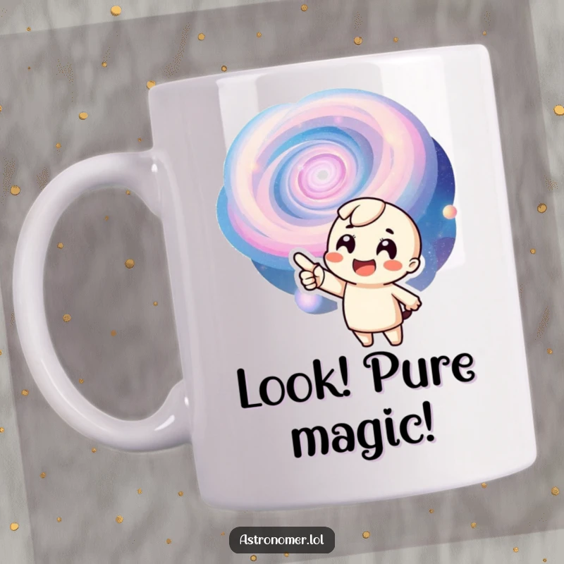 Funny mug: a smiling character points joyfully at a colorful, swirling galaxy, expressing pure cosmic excitement.