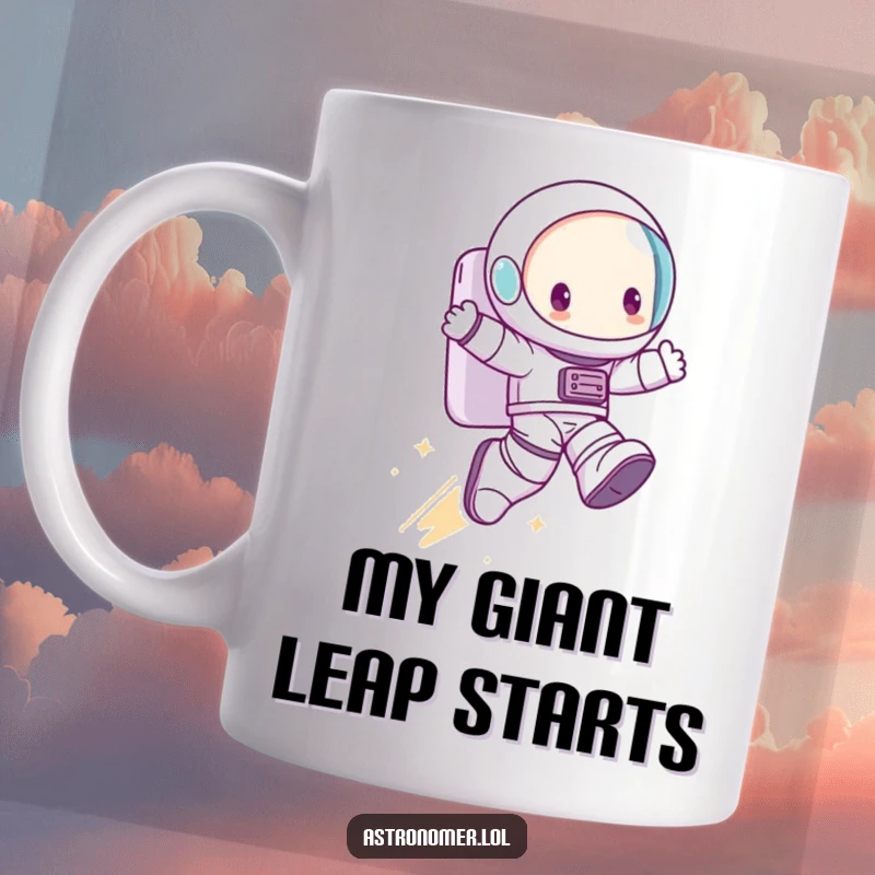 Funny Mug: A cute character wearing comically large astronaut boots takes an exaggerated giant leap.