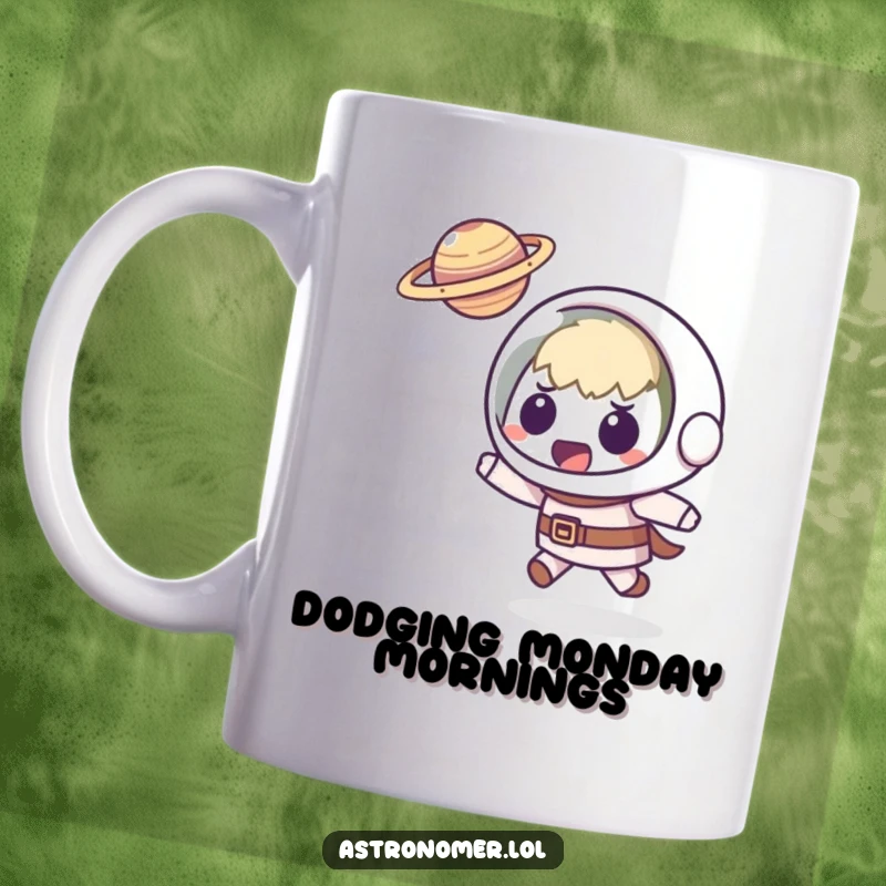 Funny Kawaii astronomer mug showing a startled character comically dodging a tiny, flying planet, perfect for a humorous coffee break.