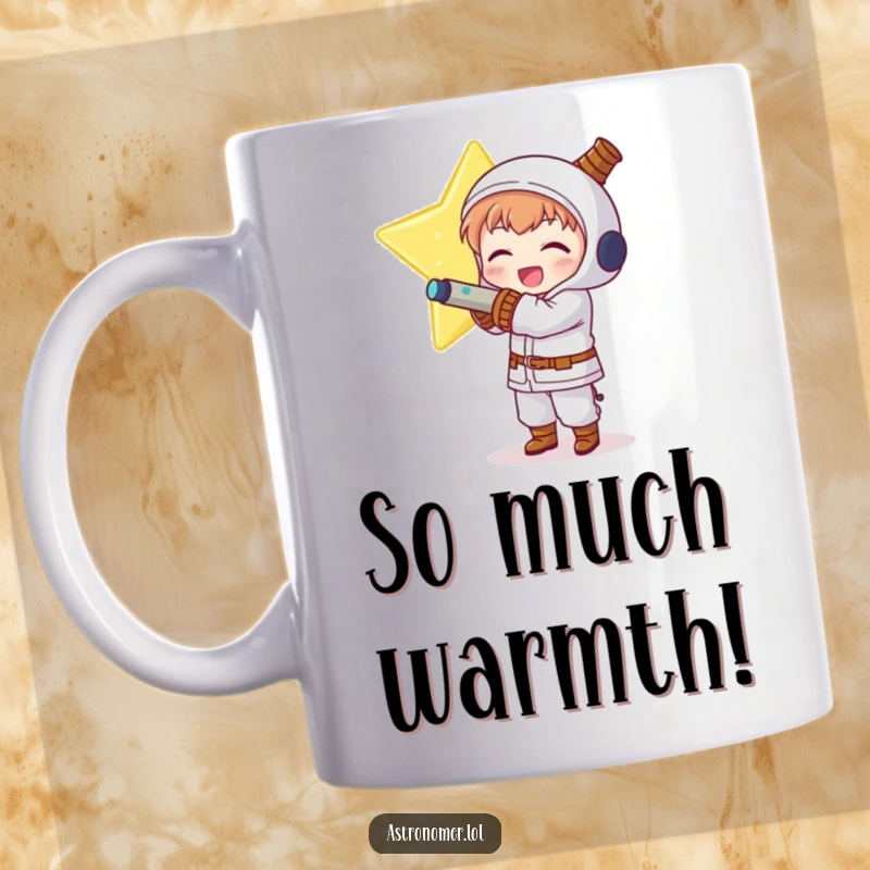Funny Kawaii astronomer character joyfully hugging a massive, glowing star, expressing pure delight on this mug.