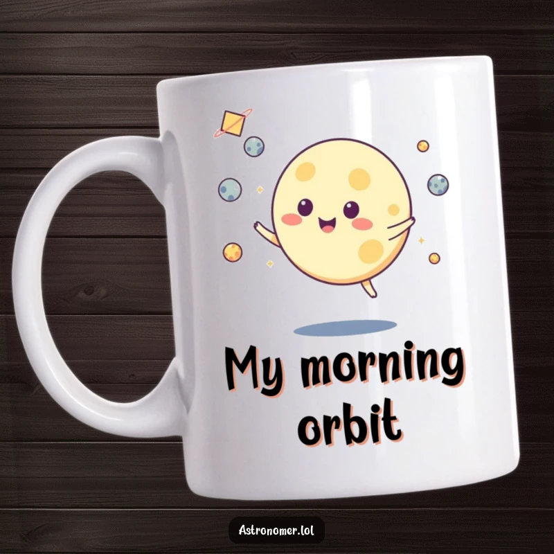 Funny mug: A cheerful moon character skillfully juggles glowing asteroids against a starry night sky, a playful space scene.