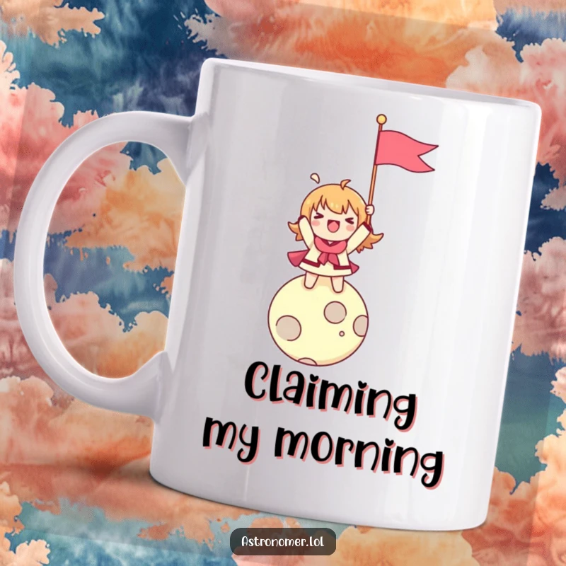 Funny mug showing a character joyfully planting a flag on a minuscule moon, radiating enthusiasm and pioneering spirit.